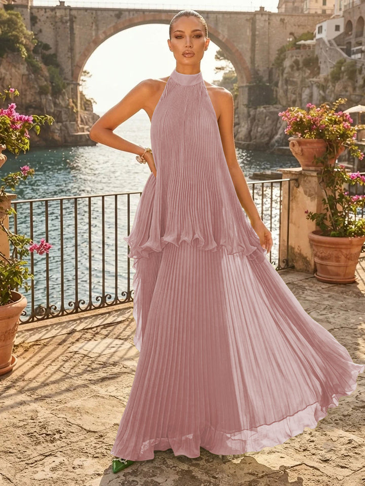 Chiffon A Line Halter Pleats Tiered Formal Dresses