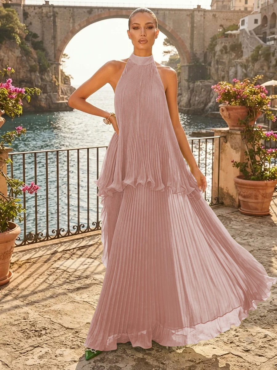Chiffon A Line Halter Pleats Tiered Formal Dresses