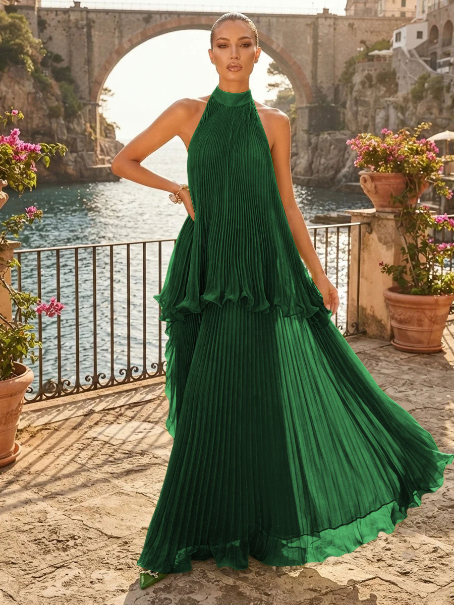 Chiffon A Line Halter Pleats Tiered Formal Dresses