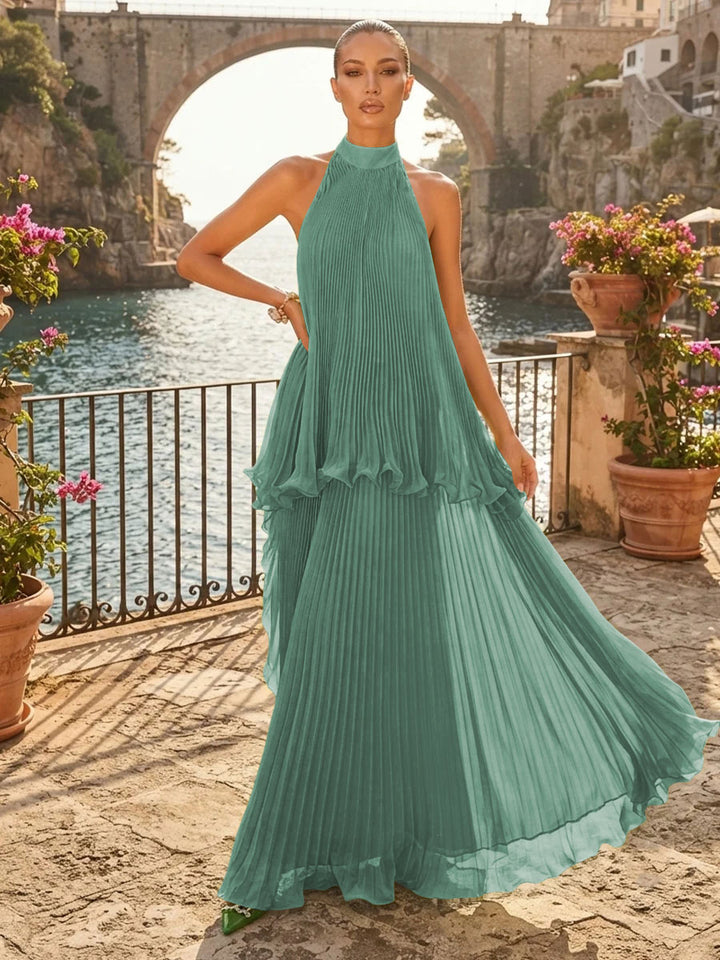 Chiffon A Line Halter Pleats Tiered Formal Dresses