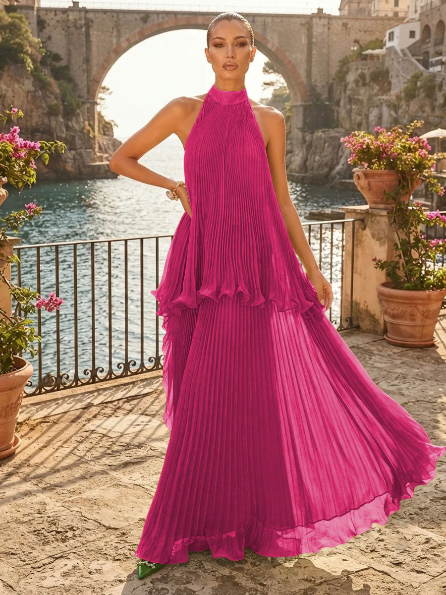 Chiffon A Line Halter Pleats Tiered Formal Dresses