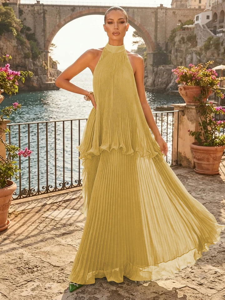 Chiffon A Line Halter Pleats Tiered Formal Dresses