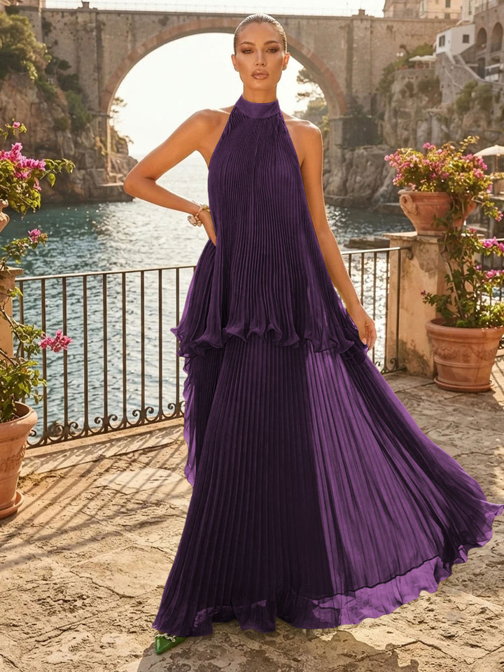 Chiffon A Line Halter Pleats Tiered Formal Dresses