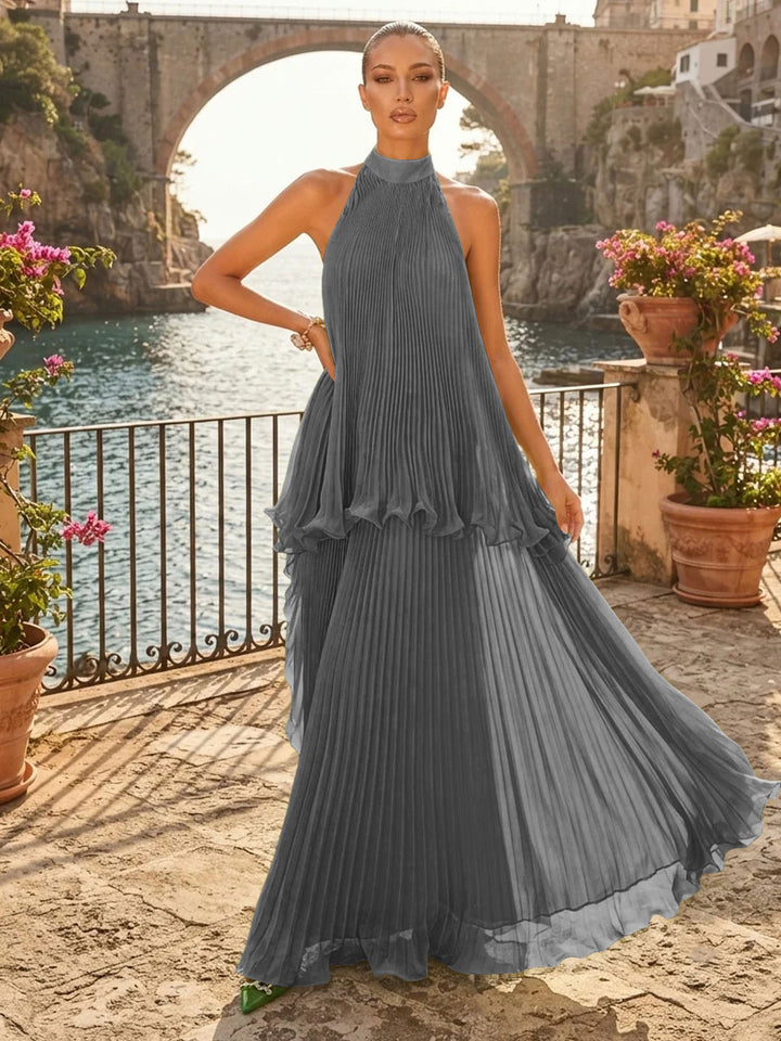 Chiffon A Line Halter Pleats Tiered Formal Dresses