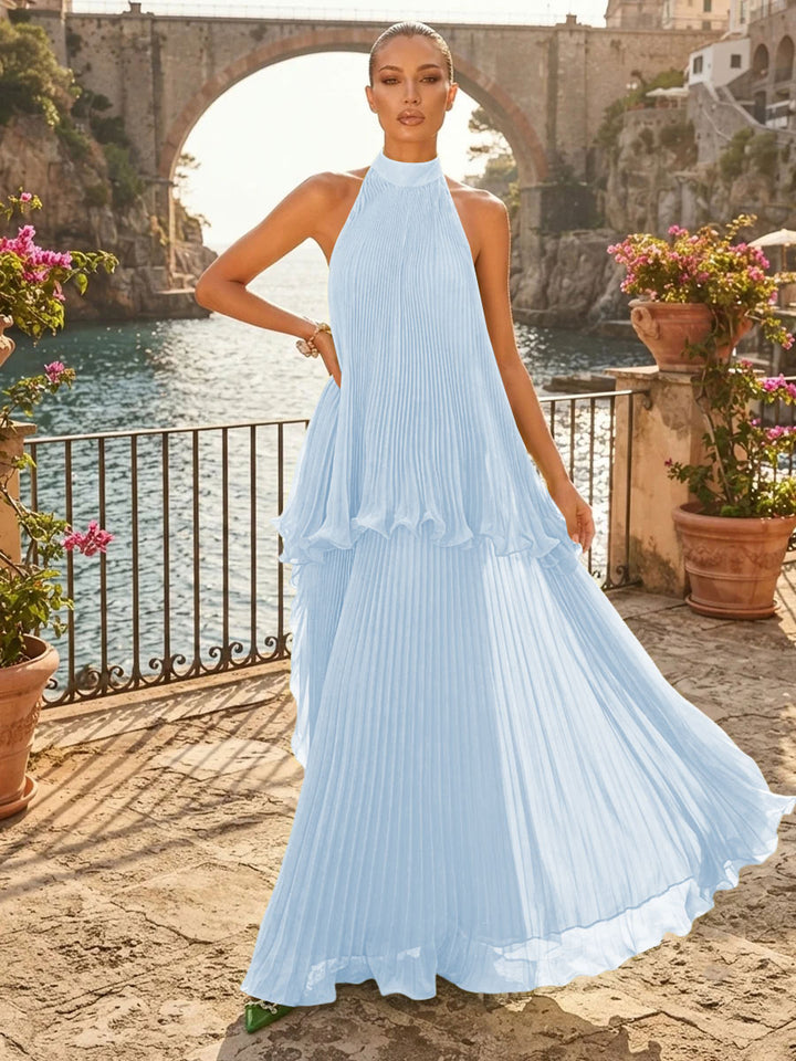 Chiffon A Line Halter Pleats Tiered Formal Dresses