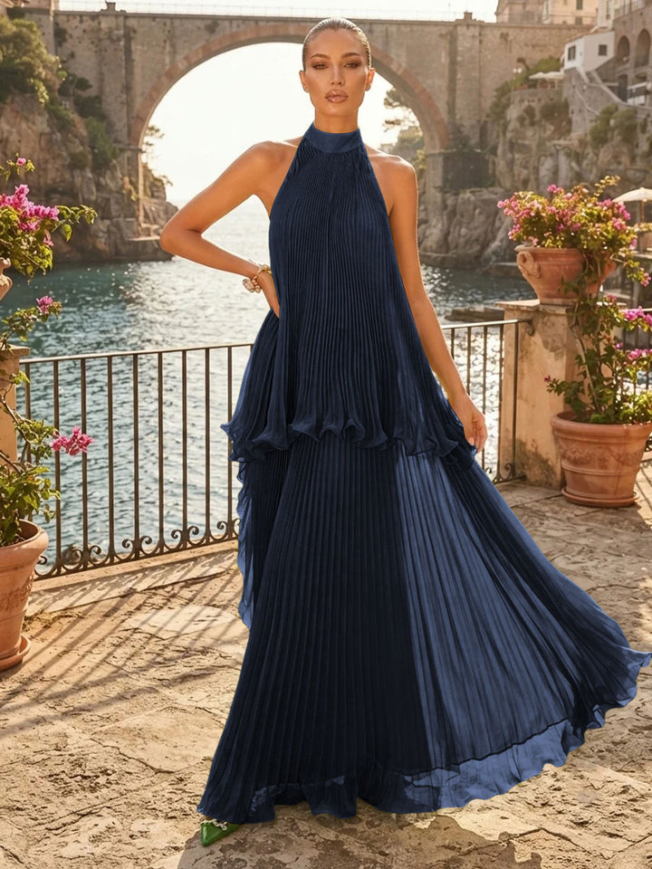 Chiffon A Line Halter Pleats Tiered Formal Dresses