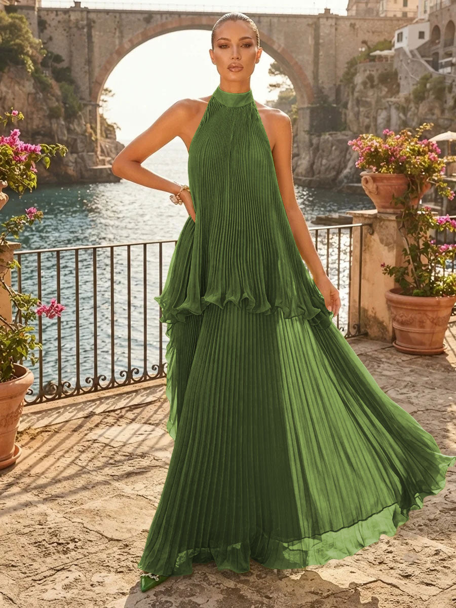 Chiffon A Line Halter Pleats Tiered Formal Dresses