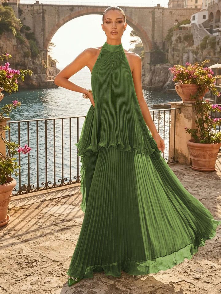Chiffon A Line Halter Pleats Tiered Formal Dresses