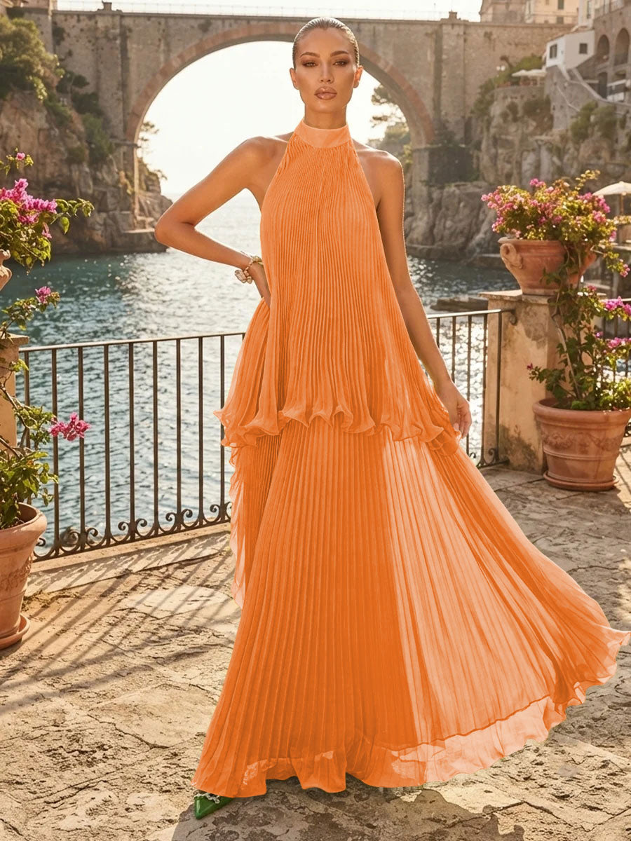 Chiffon A Line Halter Pleats Tiered Formal Dresses