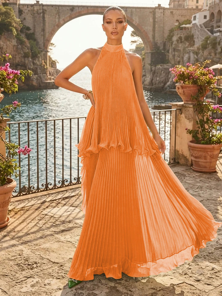 Chiffon A Line Halter Pleats Tiered Formal Dresses