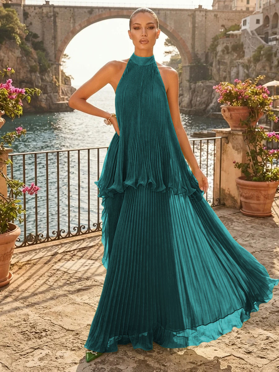 Chiffon A Line Halter Pleats Tiered Formal Dresses