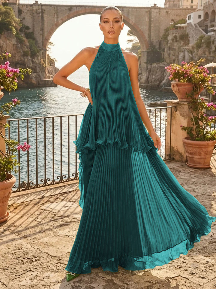 Chiffon A Line Halter Pleats Tiered Formal Dresses