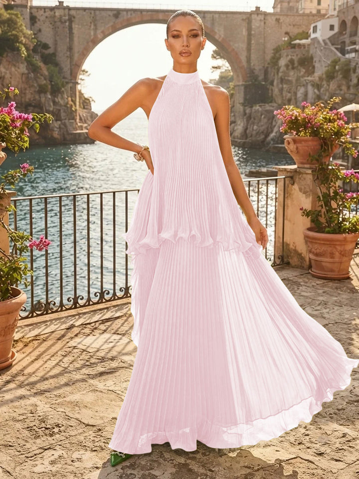 Chiffon A Line Halter Pleats Tiered Formal Dresses