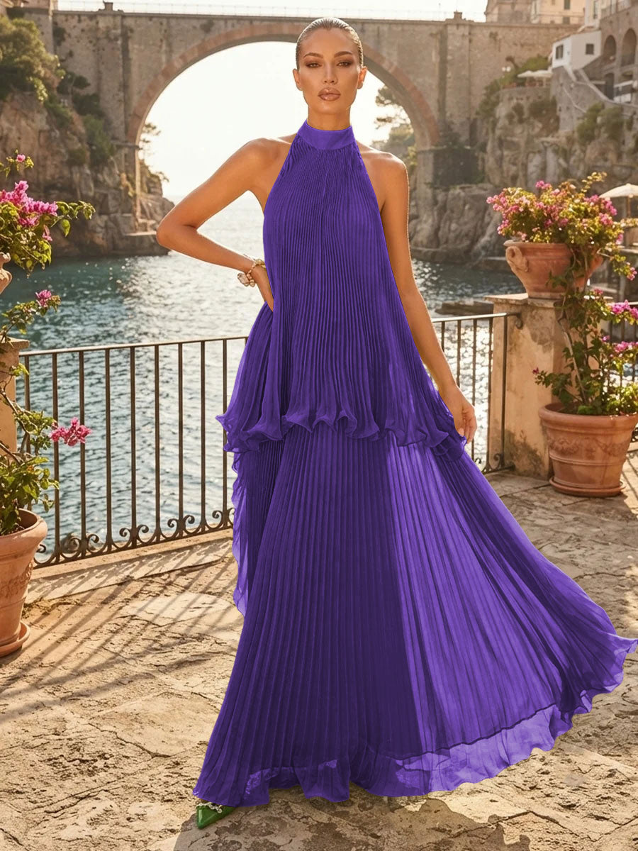 Chiffon A Line Halter Pleats Tiered Formal Dresses