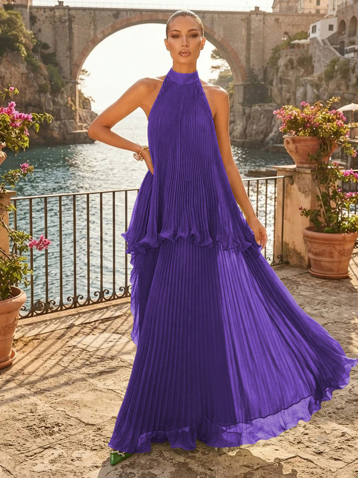 Chiffon A Line Halter Pleats Tiered Formal Dresses