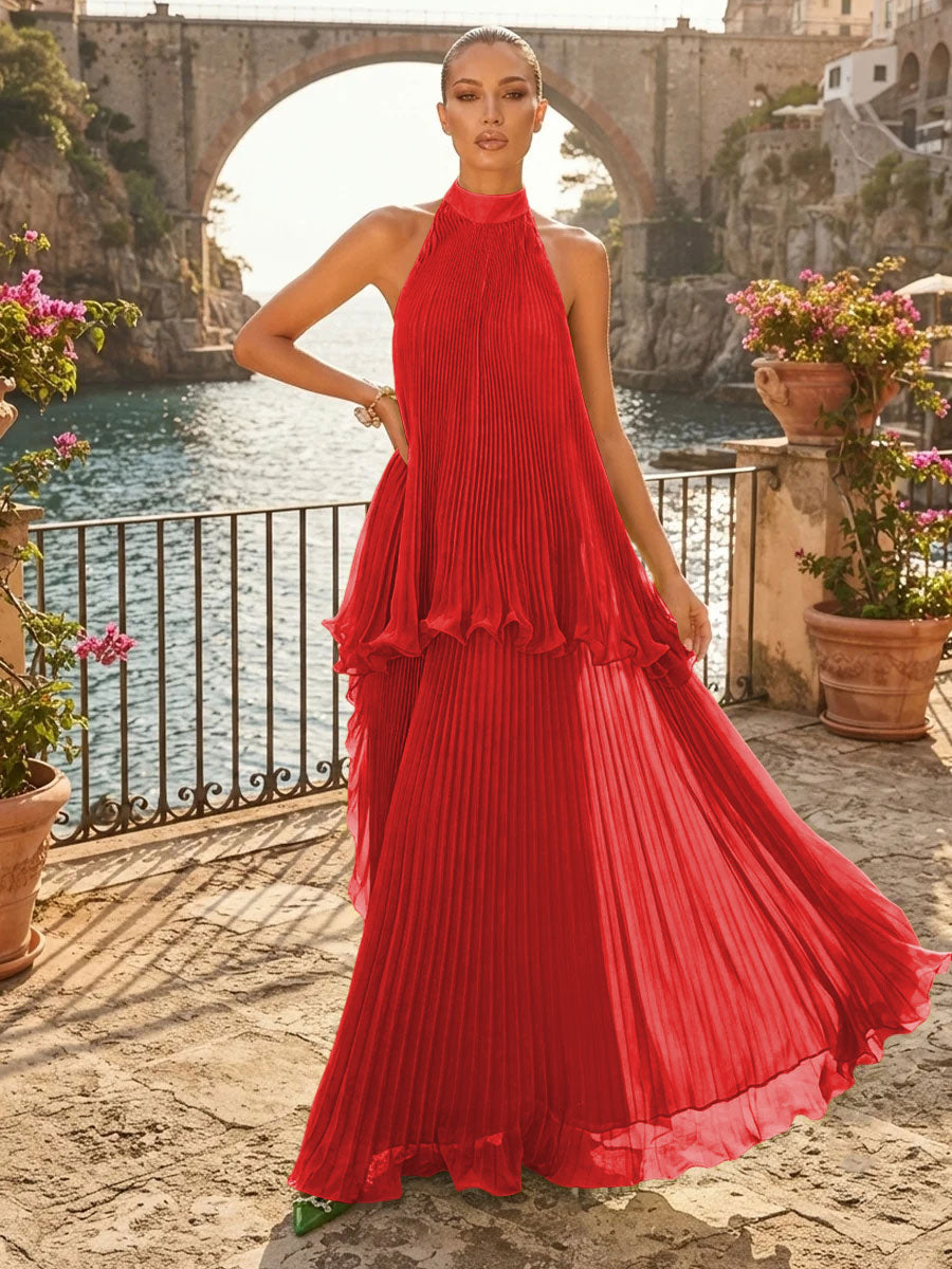 Chiffon A Line Halter Pleats Tiered Formal Dresses