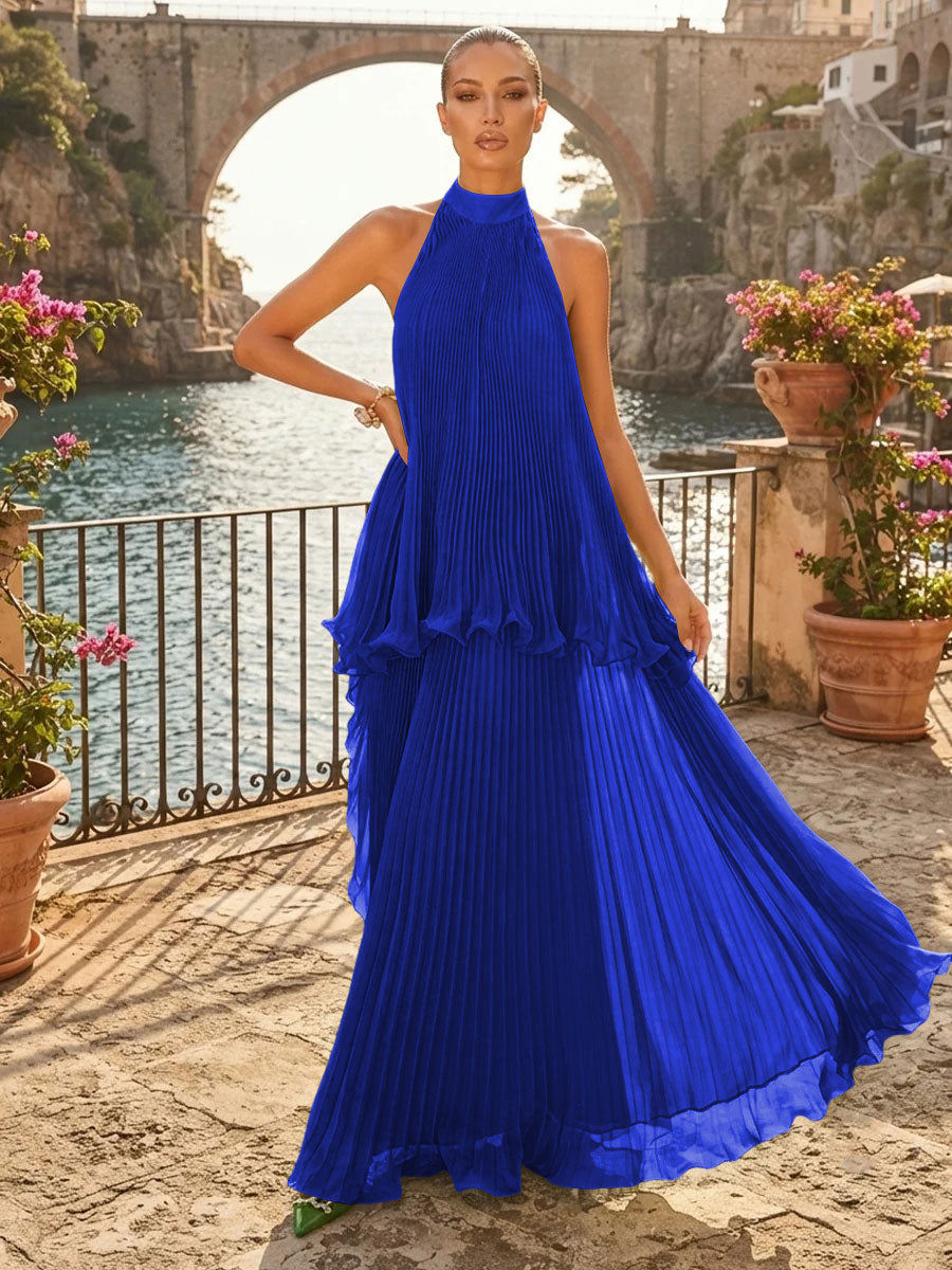 Chiffon A Line Halter Pleats Tiered Formal Dresses