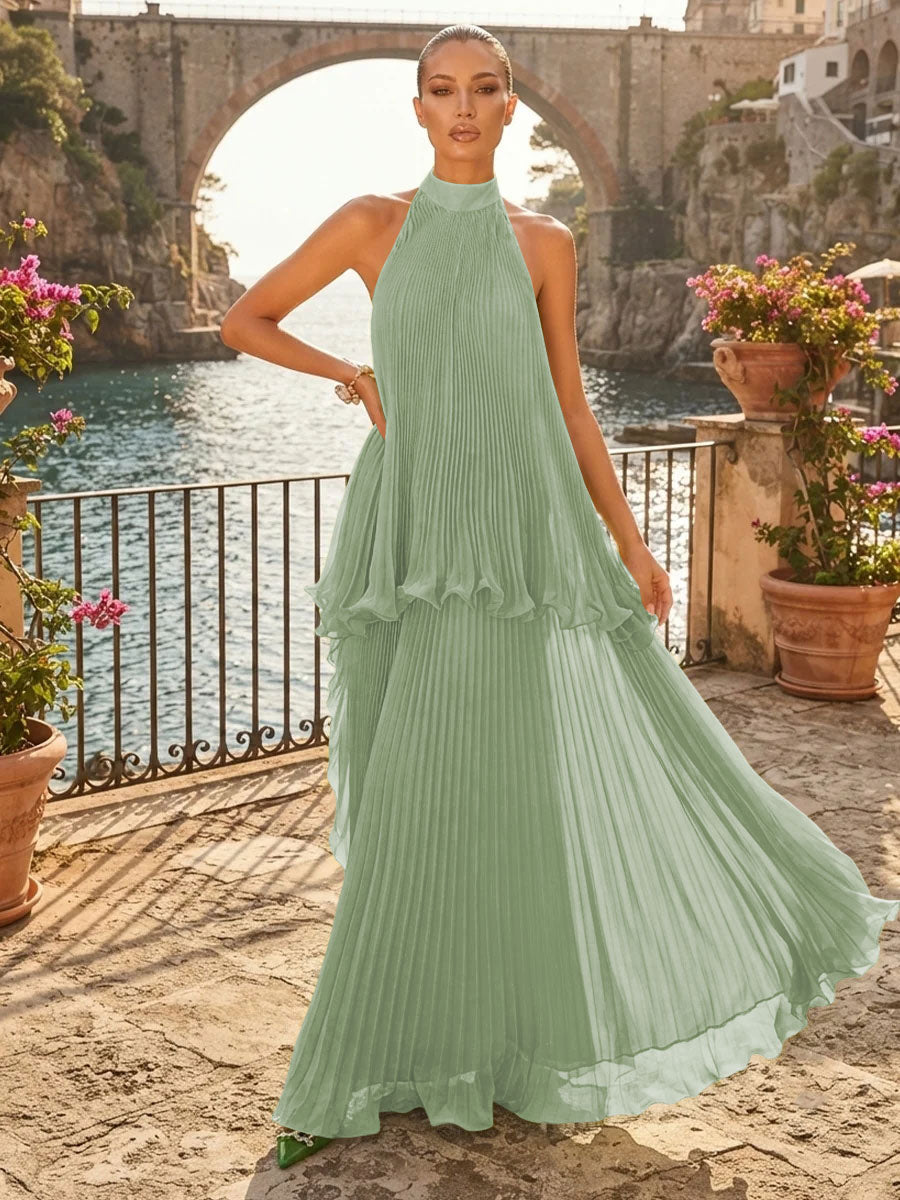 Chiffon A Line Halter Pleats Tiered Formal Dresses