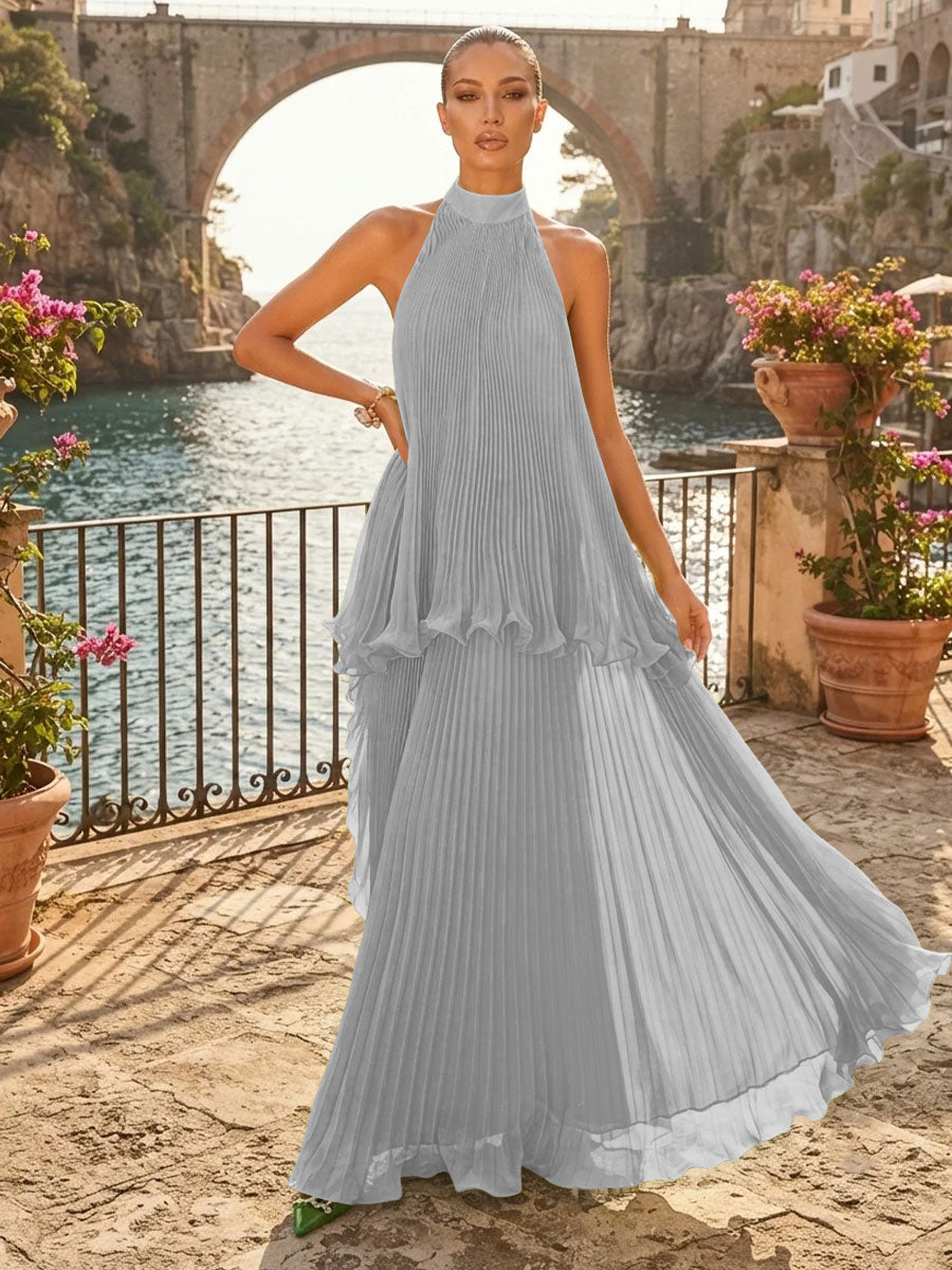 Chiffon A Line Halter Pleats Tiered Formal Dresses