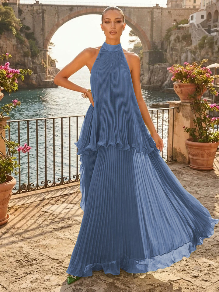 Chiffon A Line Halter Pleats Tiered Formal Dresses