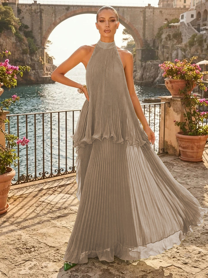 Chiffon A Line Halter Pleats Tiered Formal Dresses