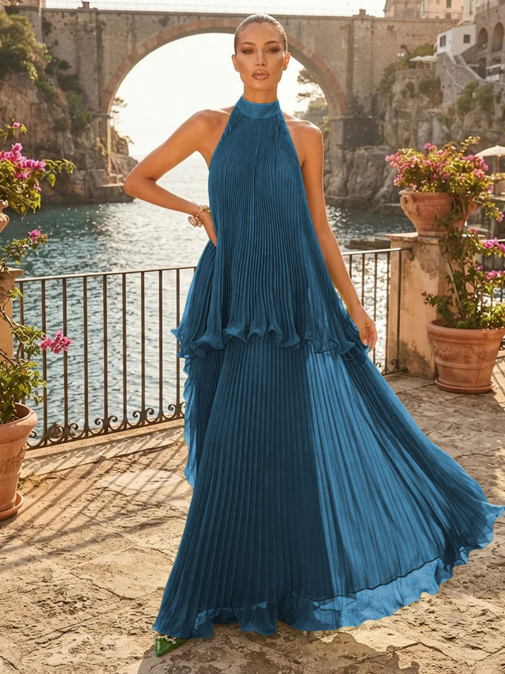 Chiffon A Line Halter Pleats Tiered Formal Dresses