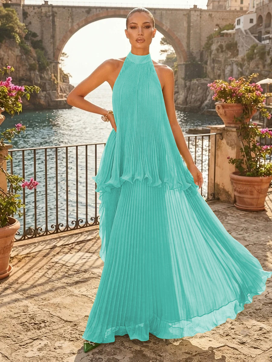 Chiffon A Line Halter Pleats Tiered Formal Dresses