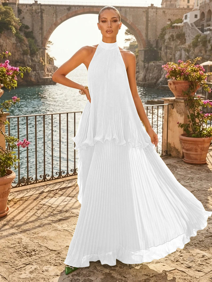 Chiffon A Line Halter Pleats Tiered Formal Dresses