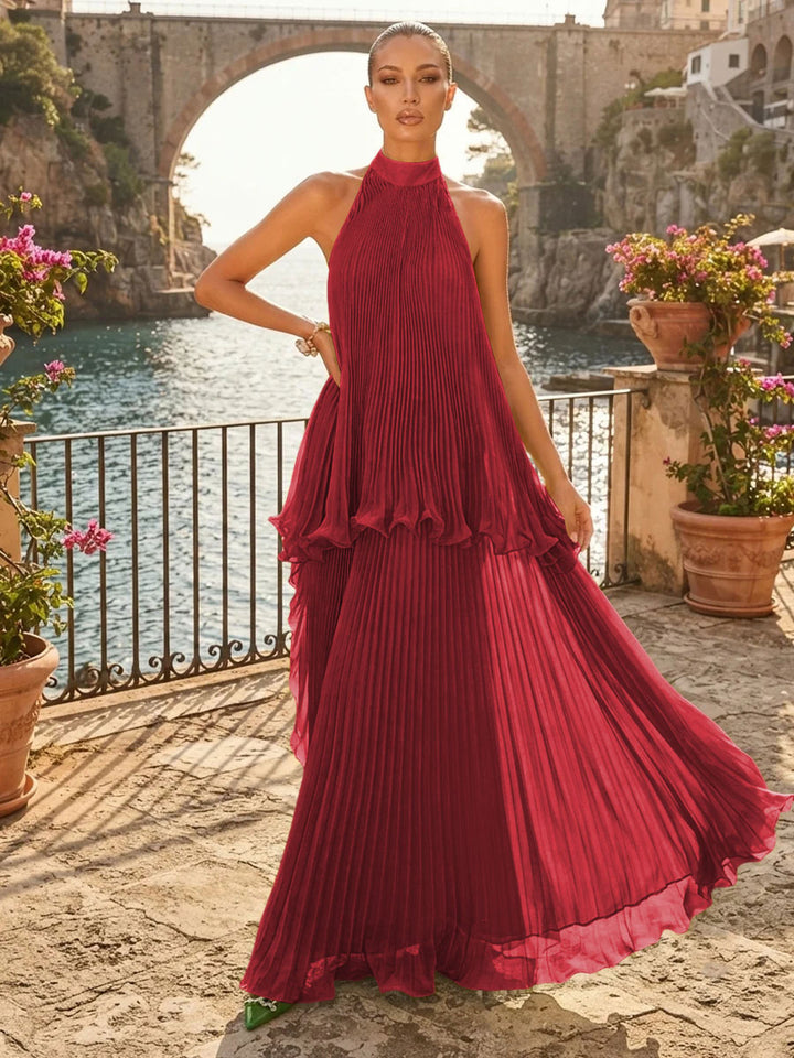 Chiffon A Line Halter Pleats Tiered Formal Dresses