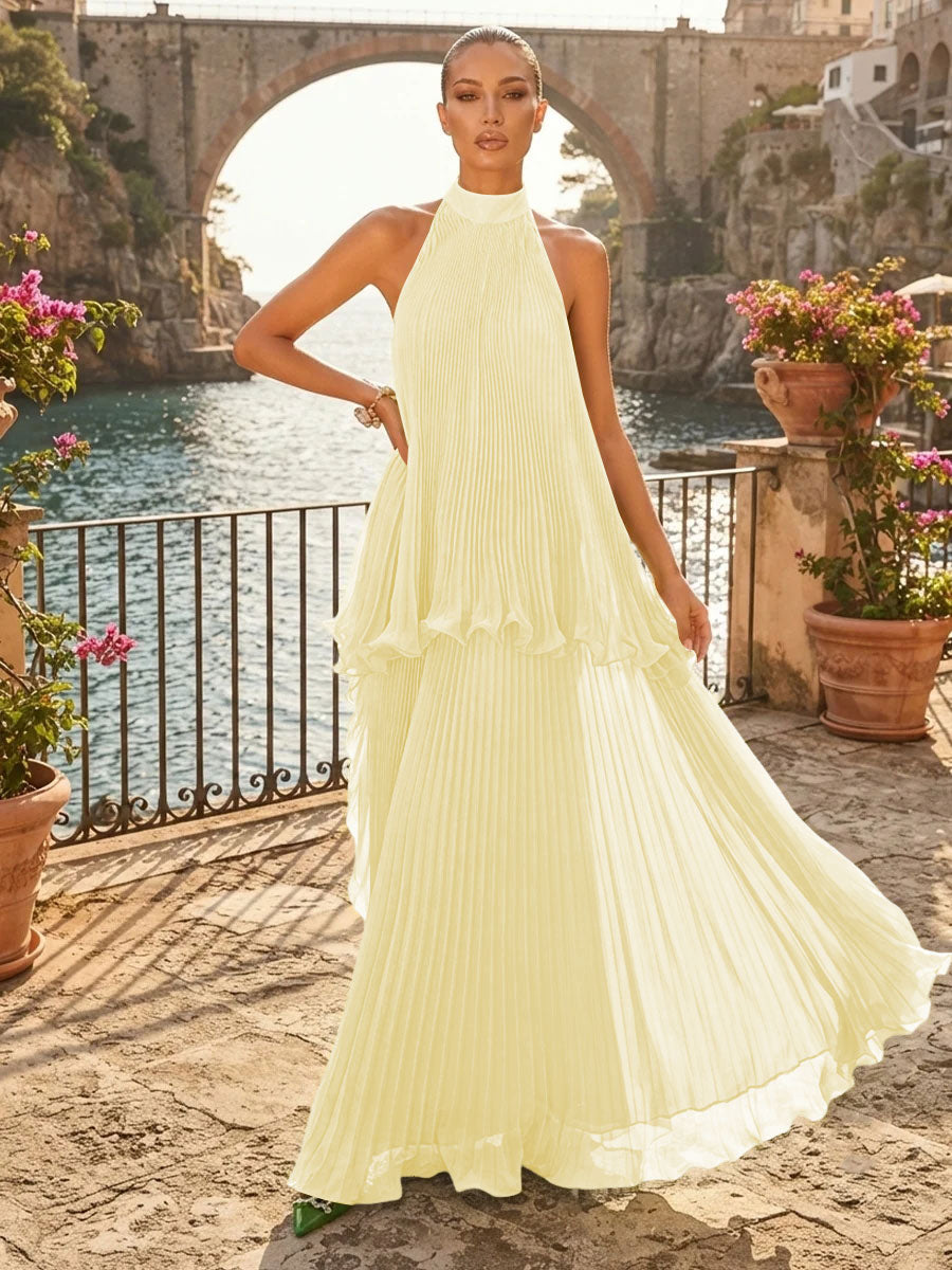 Chiffon A Line Halter Pleats Tiered Formal Dresses