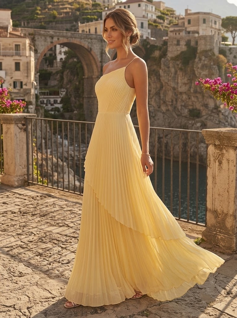 Chiffon A Line One Shoulder Pleats High Waist Formal Dresses