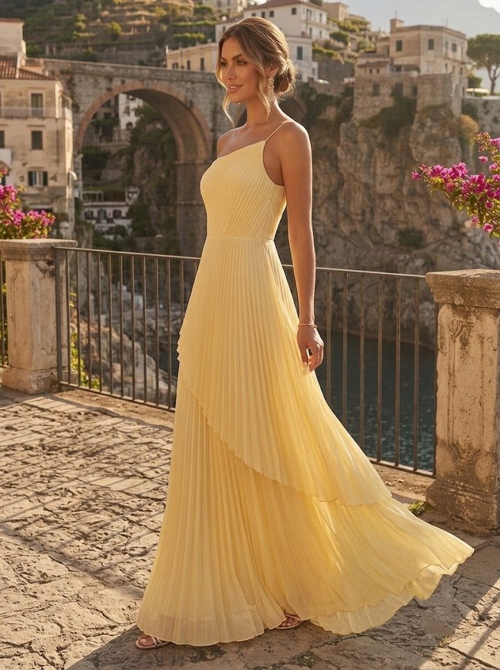 Chiffon A Line One Shoulder Pleats High Waist Formal Dresses