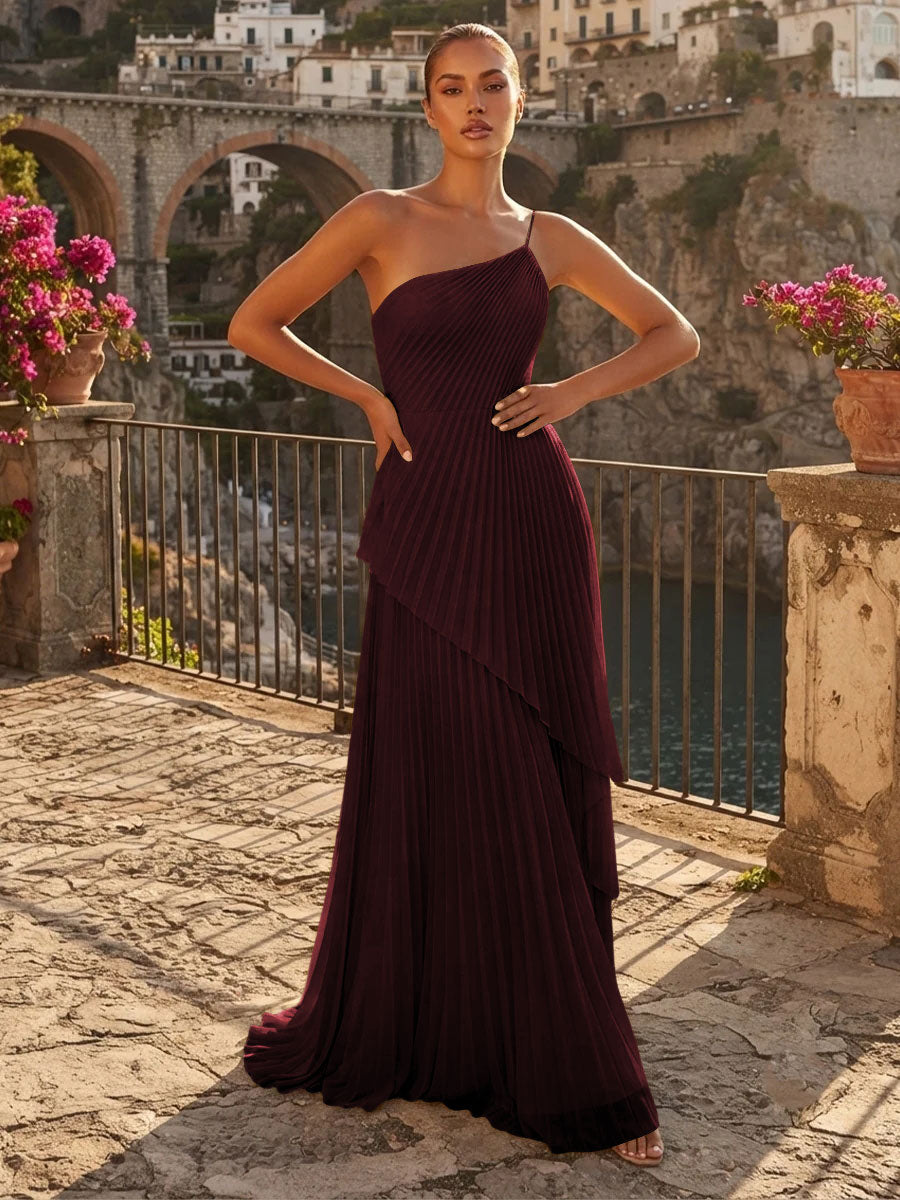 Chiffon A Line One Shoulder Pleats High Waist Formal Dresses