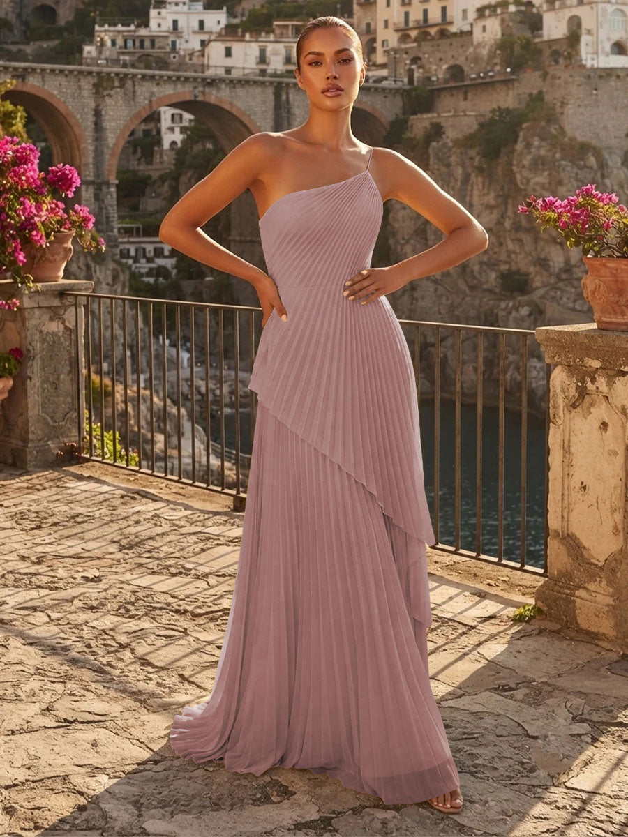Chiffon A Line One Shoulder Pleats High Waist Formal Dresses