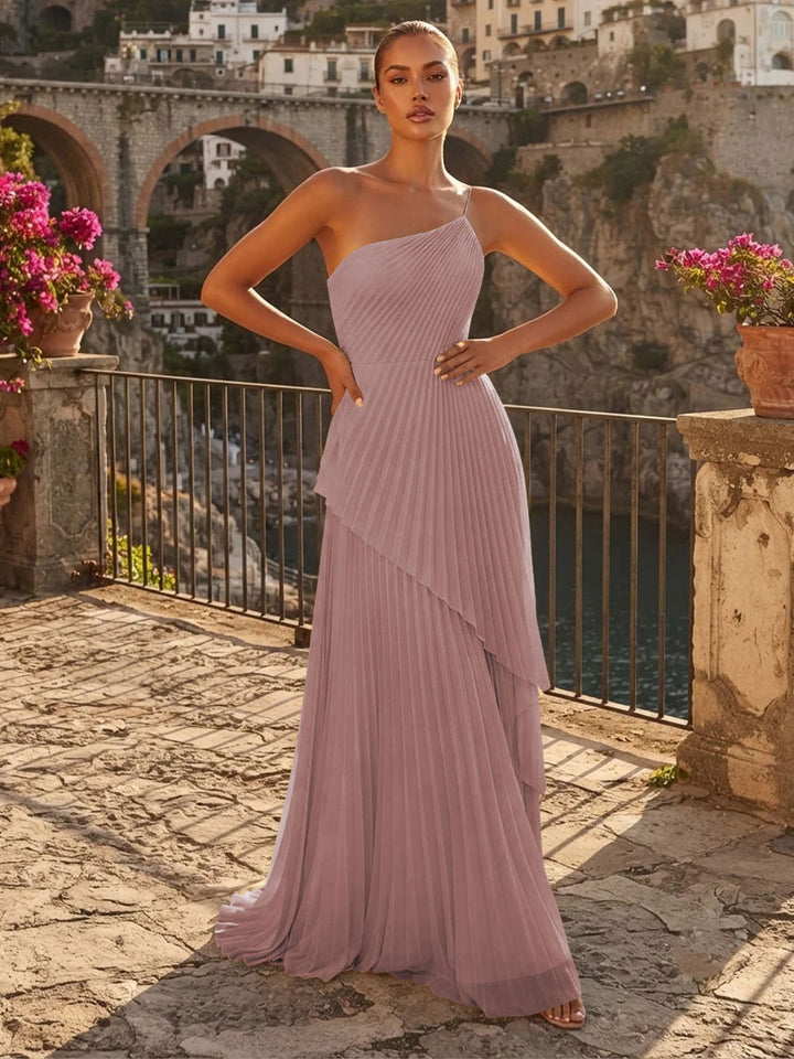 Chiffon A Line One Shoulder Pleats High Waist Formal Dresses