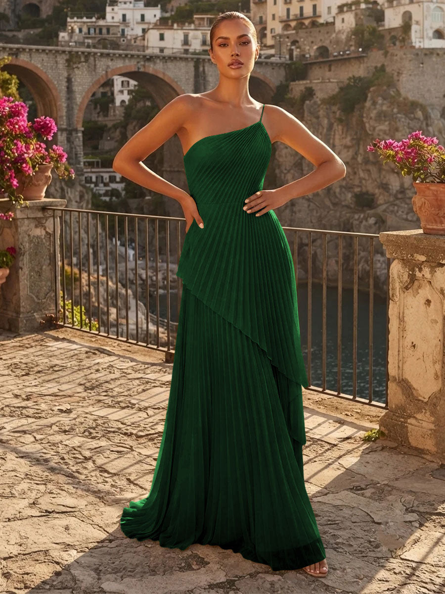 Chiffon A Line One Shoulder Pleats High Waist Formal Dresses