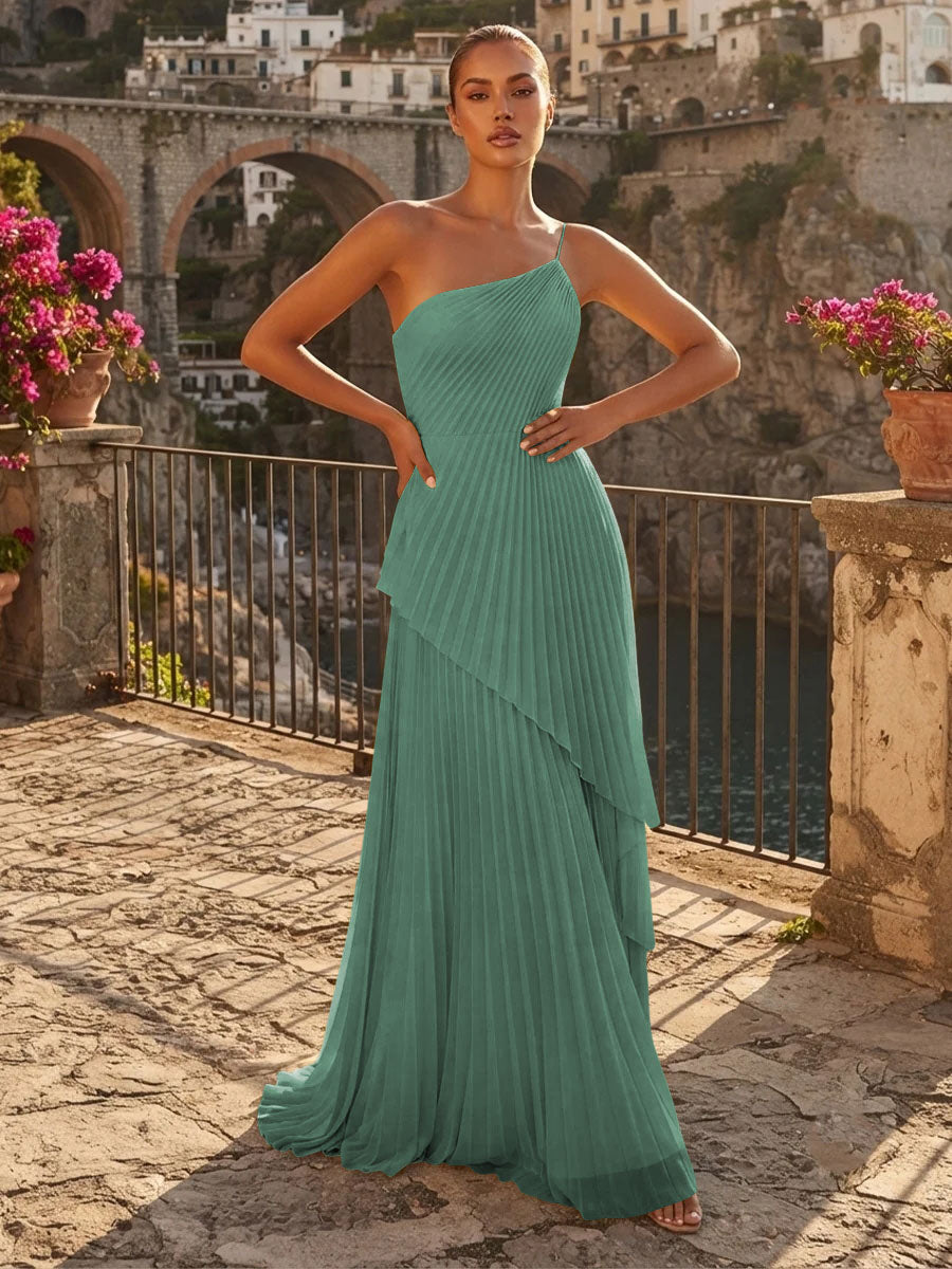 Chiffon A Line One Shoulder Pleats High Waist Formal Dresses