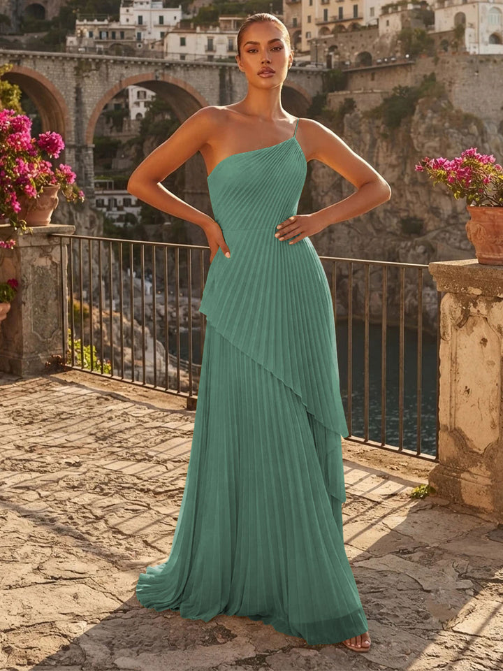 Chiffon A Line One Shoulder Pleats High Waist Formal Dresses