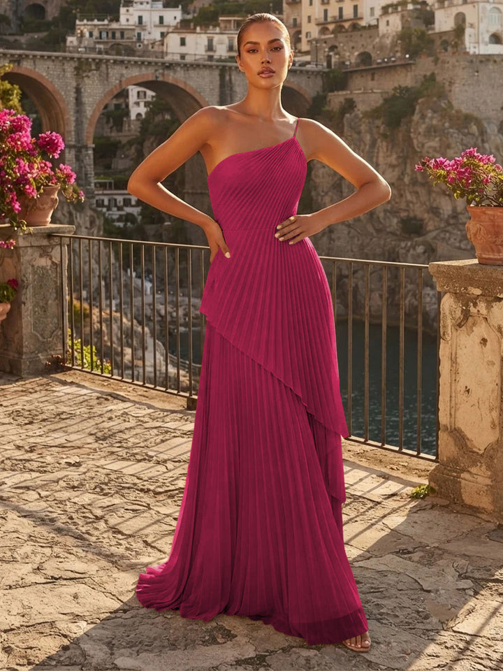 Chiffon A Line One Shoulder Pleats High Waist Formal Dresses