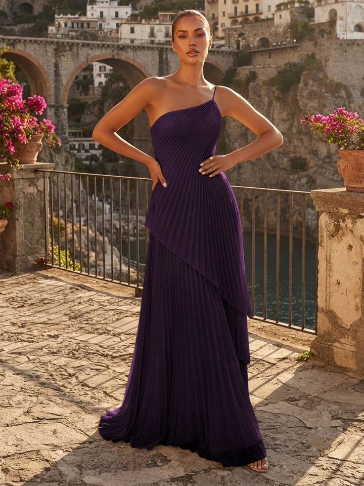 Chiffon A Line One Shoulder Pleats High Waist Formal Dresses