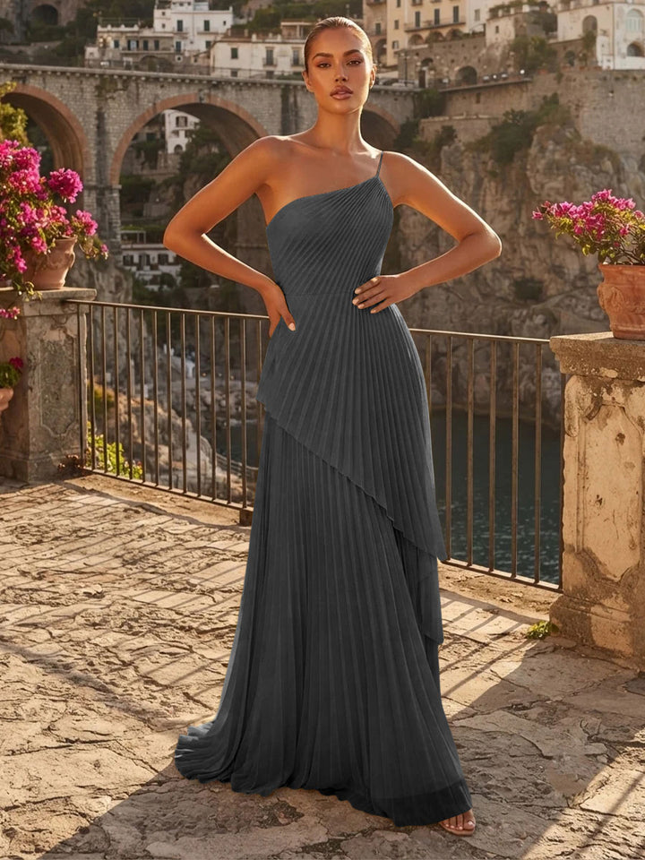 Chiffon A Line One Shoulder Pleats High Waist Formal Dresses