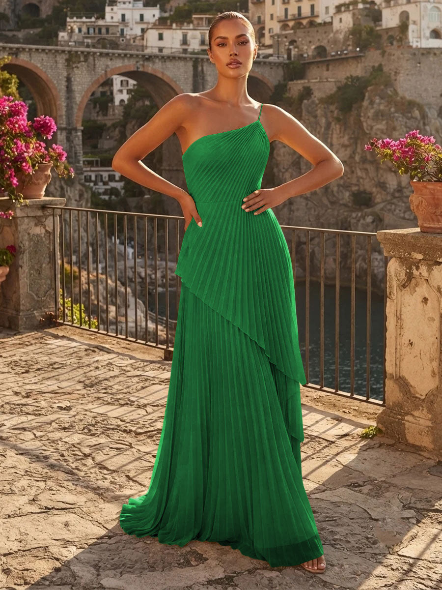 Chiffon A Line One Shoulder Pleats High Waist Formal Dresses