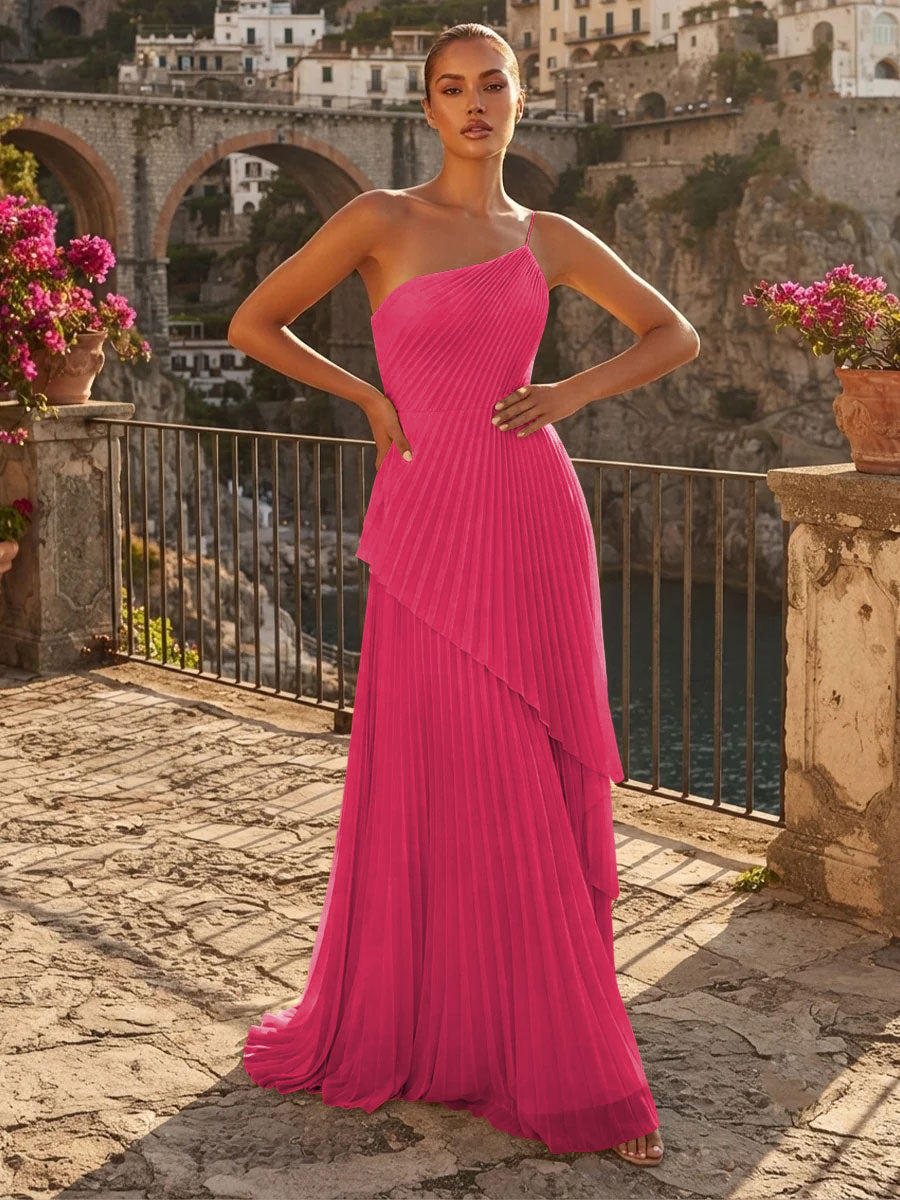 Chiffon A Line One Shoulder Pleats High Waist Formal Dresses