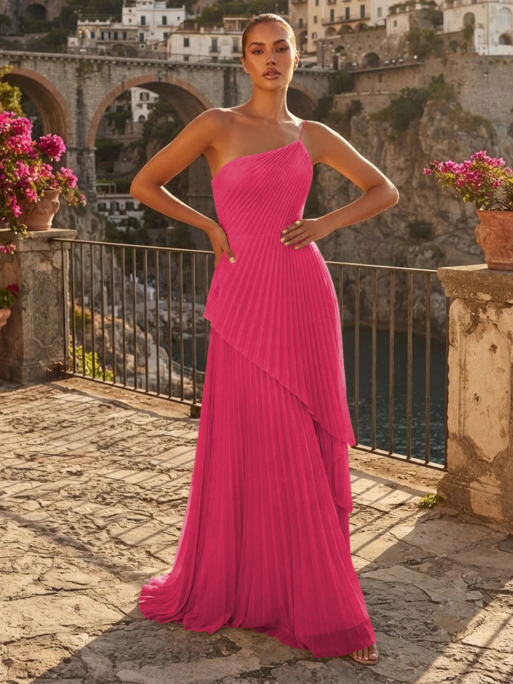 Chiffon A Line One Shoulder Pleats High Waist Formal Dresses