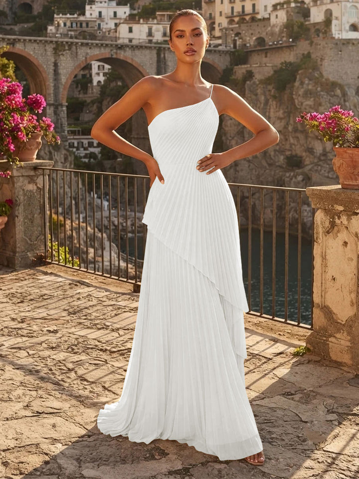 Chiffon A Line One Shoulder Pleats High Waist Formal Dresses