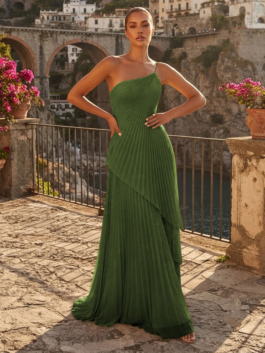 Chiffon A Line One Shoulder Pleats High Waist Formal Dresses