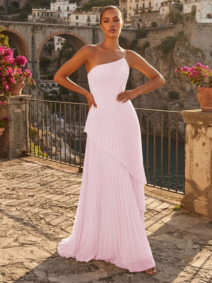 Chiffon A Line One Shoulder Pleats High Waist Formal Dresses