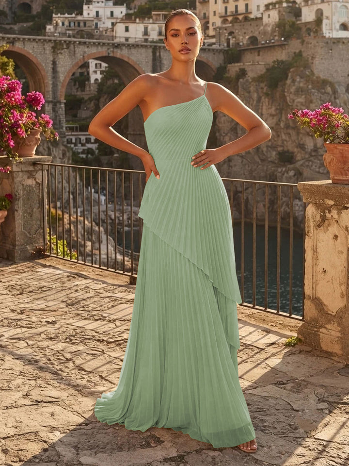 Chiffon A Line One Shoulder Pleats High Waist Formal Dresses
