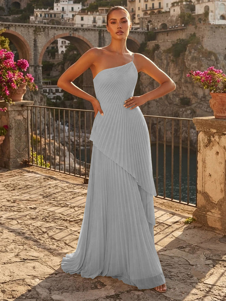 Chiffon A Line One Shoulder Pleats High Waist Formal Dresses