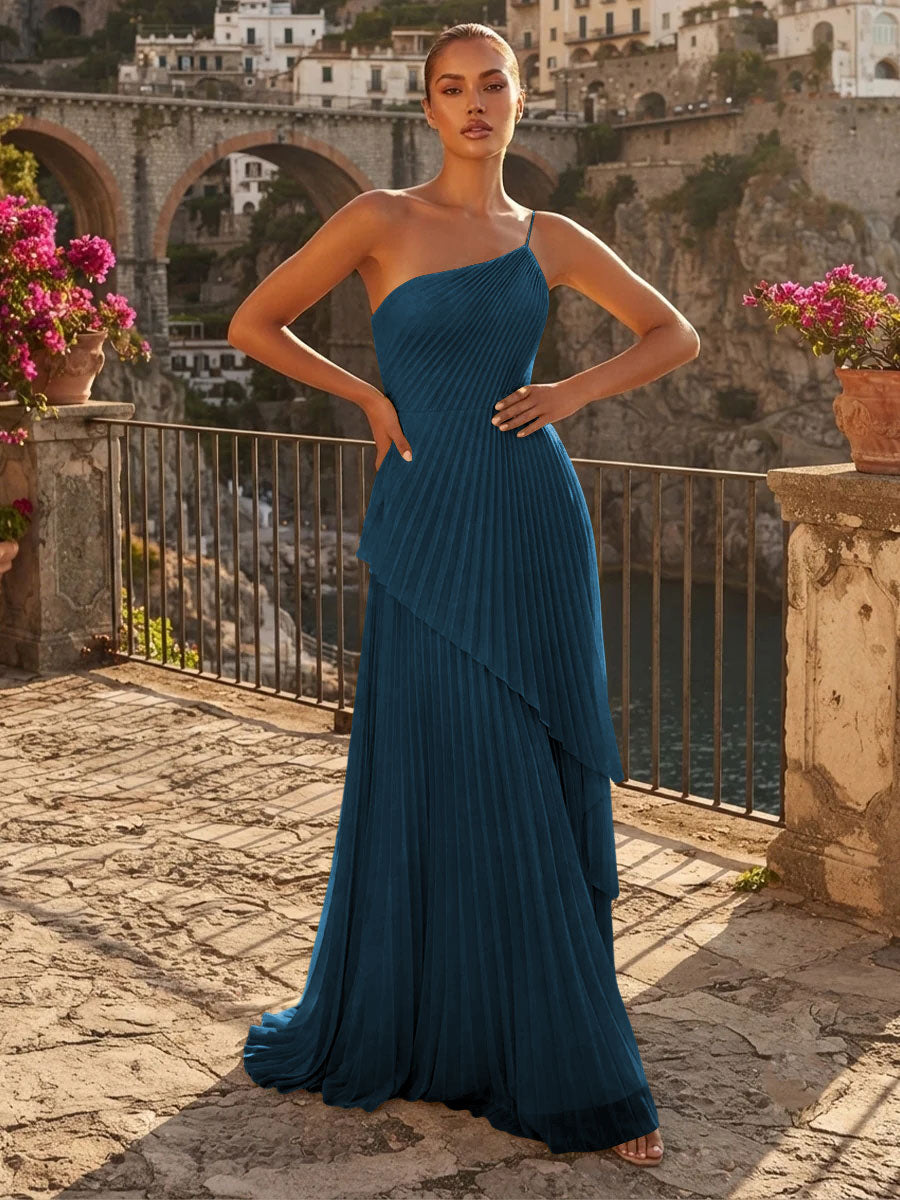 Chiffon A Line One Shoulder Pleats High Waist Formal Dresses